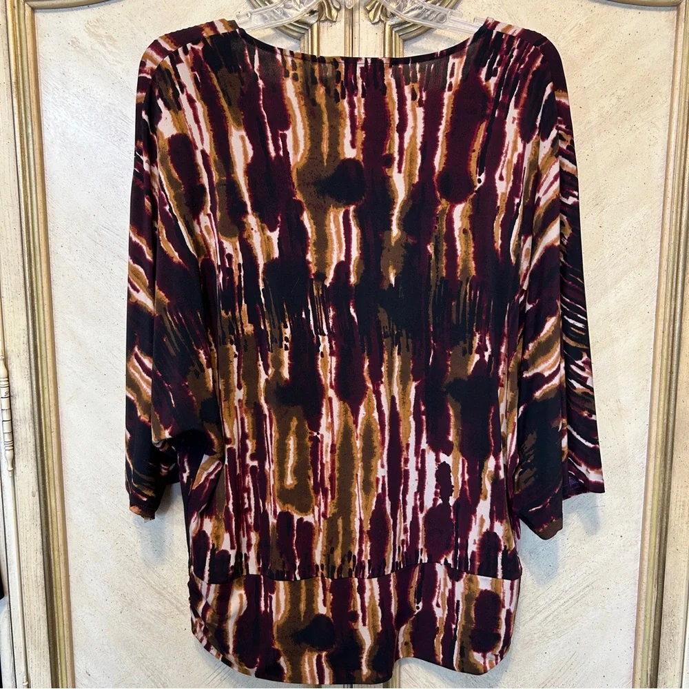 Michael Kors Merlot Purple Brown Black Tan Brown Abstract Dolman Sleeve Blouse